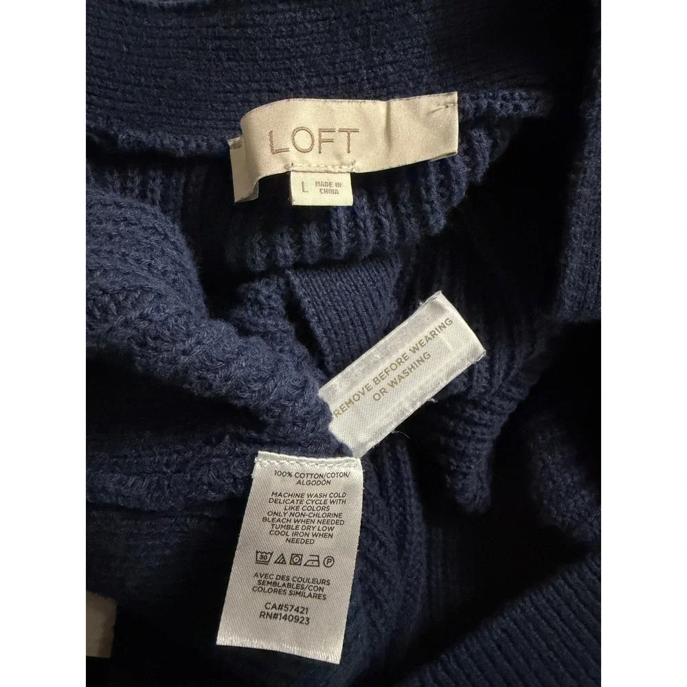 LOFT Cotton Knit Navy Blue Shaker Cardigan Sweater Button Front Large - Picture 8 of 9